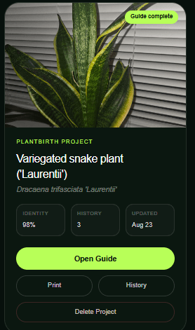 Real PlantBirth saved plant guide screen